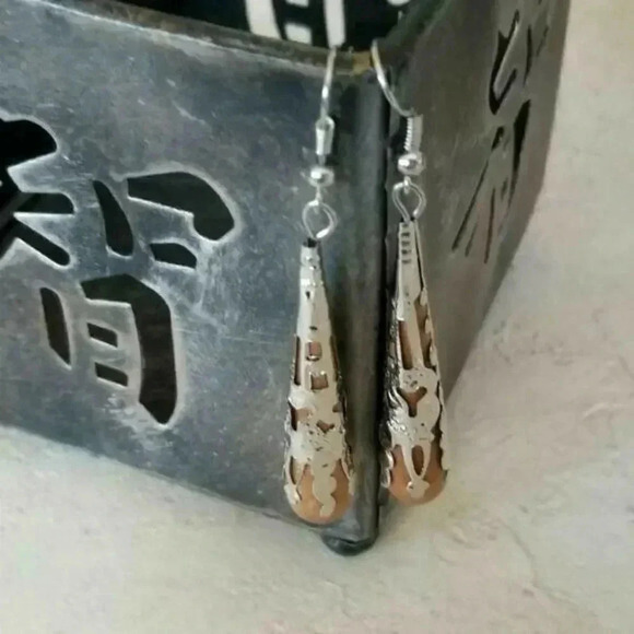 Handcrafted Victorian Filigree Wood Long Teardrop Shaped Earrings - Picture 4 of 8